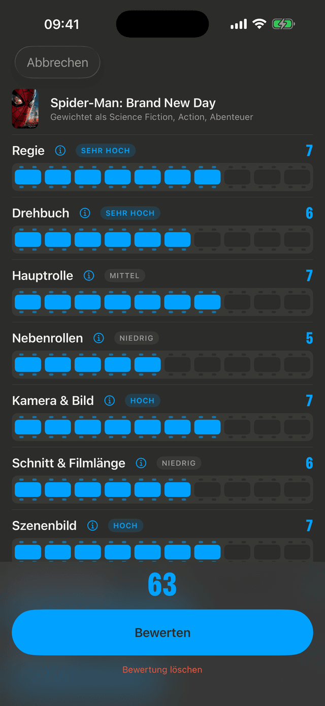 Das Bewertungs-Sheet in der TWELVE-App: zwölf Kriterien mit Gewichtung und Score