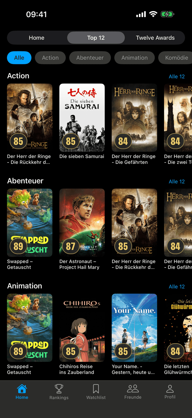 Der Top-12-Screen der TWELVE-App mit Bestenlisten pro Genre